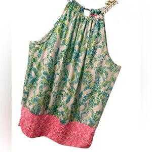 Lilly Pulitzer Top Halter Tank Top Gold Chain Strap Palm Print Pink Hem Size L